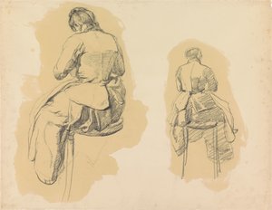 Dos estudios de una mujer sentada en un taburete, vista desde atrás de Barbara Elisabeth van Houten