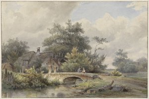 Paisaje con puente de piedra cerca de una casa de Barend Cornelis Koekkoek