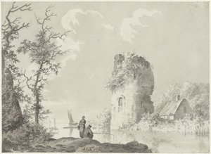 Paisaje fluvial con torre y pescador de Barend Cornelis Koekkoek