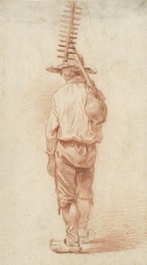 Agricultor de pie con rastrillo y jarra sobre el hombro, visto desde atrás de Barend Cornelis Koekkoek