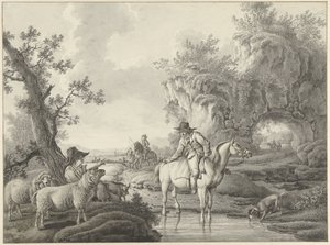 paisaje con un pastor y un jinete por un estanque de Barend Hendrik Thier