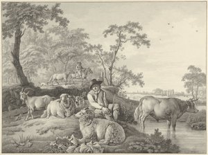 Pastor con ovejas, una cabra y un toro joven en un paisaje de Barend Hendrik Thier