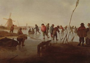 Figuras patinando en una vía fluvial congelada, siglo XVII