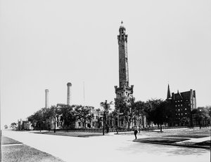 Torre de Agua de Chicago, Chicago, Illinois, EE.UU., c.1900 (foto en b/n) de Barnes and Crosby