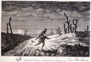 Hombre lobo (licántropo) atacando a un hombre - de pintura ap. por Maurice Sand exhibida en el Salón de 1857. de Baron Dudevant Jean Francois Maurice (after) Sand