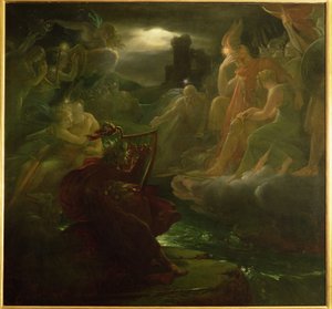 Ossian invocando a los espíritus en las orillas del río Lora con el sonido de su arpa, 1801 de Baron François Pascal Simon Gérard