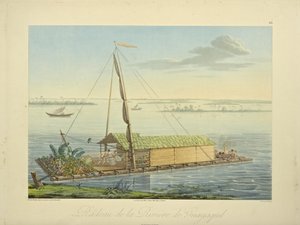 Balsa en el río Guayaquil, dibujada por Marchais, grabada por Bouquet, ilustración de "Vues des Cordillères et Monumens des Peuples Indigènes de l