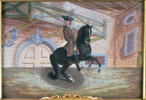 No. 36 Un caballo bayo marrón de la Escuela Española de Equitación realizando una pirueta cerca del suelo