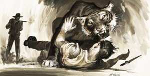 Tigre atacando a un cazador de Barrie Linklater