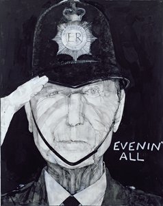 Retrato de Jack Warner como Dixon of Dock Green, ilustración para The Listener, años 1970