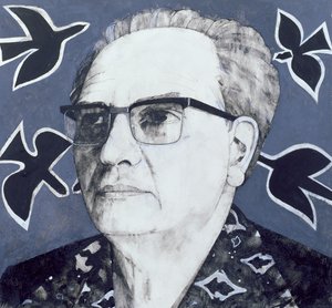 Retrato de Olivier Messiaen, ilustración para The Sunday Times de Barry Fantoni