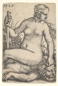 Judith, mirando hacia la derecha, sentada desnuda sobre el cuerpo muerto de Holofernes, con una espada