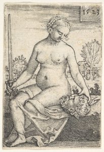 Judith, desnuda sentada con una espada en su mano derecha, mirando hacia la cabeza de Holofernes, 1523
