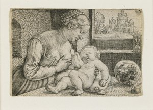 Madre e Hijo con Calavera y Reloj de Arena, c. 1528-1530 de Barthel Beham