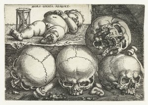 Niño dormido con reloj de arena y cuatro calaveras
Mors Omnia Aeqvat (título en el objeto) de Barthel Beham