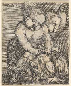 Dos niños jugando con un perro de Barthel Beham