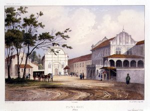 Casa del Estado en Malaca, grabado por Alfred Leon Lemercier, c.1840 (litografía coloreada a mano)