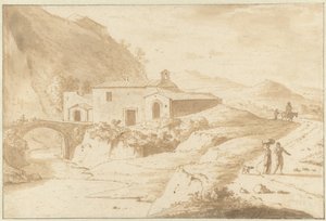 Paisaje montañoso con una capilla junto a un puente de Bartholomeus Appelman