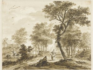 Paisaje con figuras ya la izquierda un hombre en una batea de Bartholomeus Barbiers