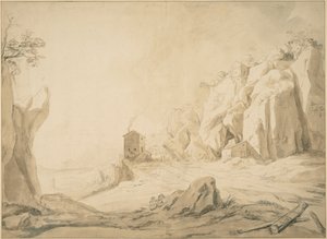 Paisaje con un camino al pie de acantilados cerca de Bracciano de Bartholomeus Breenbergh