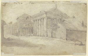 Calle con antiguo templo de orden jónico, ahora iglesia cristiana con una columnata añadida de Bartholomeus Breenbergh