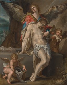 El cuerpo de Cristo apoyado por los ángeles de Bartholomeus Spranger