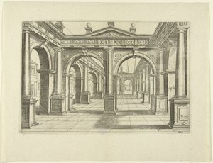 Edificio con doble arco en el centro de estilo dórico Perspectiva, parte 2 (título de la serie) de Bartholomeus Willemsz. Dolendo