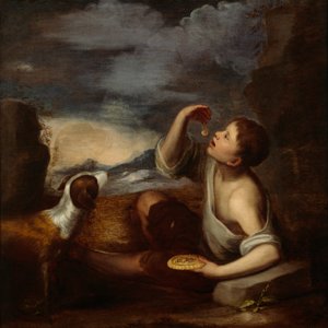 Un niño español y un perro (óleo sobre lienzo) de Bartolome Esteban (attr. to) Murillo