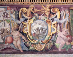 La Sala del Gran Duque de Toscana (detalle del friso que representa los signos del zodiaco, Capricornio, el emblema de Francesco de Medici) de Bartolomeo Ammannati