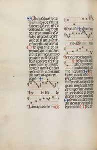 Misal: Fol. 121v: contiene música para Hely Hely Lama etc. dentro de la Pasión de San Mattion, 1469 de Bartolomeo Caporali