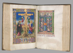 Misal: Fol. 185v: Crucifixión con bordes de página completa, 1469