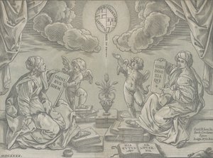 Alegoría de una tesis, dos mujeres sostienen tabletas inscritas, 1640