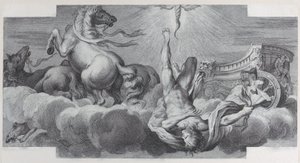 Auriga, el auriga, cae del carro en el centro, con tres caballos