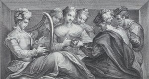 Un grupo de personas elegantemente vestidas tocando el arpa y una guitarra, 1740-68