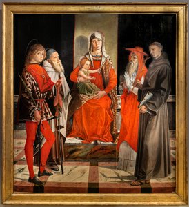 Virgen entronizada con el niño Jesús entre los santos Ansano, Antonio el Grande, Jerónimo y Francisco de Bartolomeo Montagna