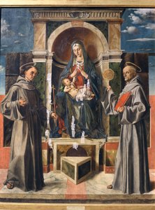 Madonna y el Niño entronizados entre San Francisco y San Bernardino de Siena, c.1490 de Bartolomeo Montagna