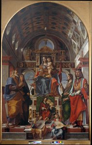 Madonna y niño con San Andrés, Mónica, Úrsula y Segismundo de Bartolomeo Montagna