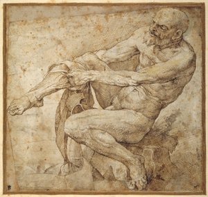 Hombre desnudo poniéndose las medias, después de Marcantonio Raimondi y Miguel Ángel Buonarroti