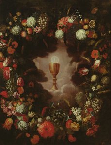 Cáliz rodeado de flores y frutas