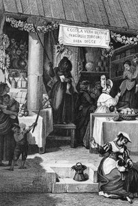 Befana (bruja navideña italiana), puesto de venta de dulces y turrón en la Piazza Navona durante la Epifanía, Roma, grabado de Bartolomeo Pinelli