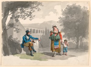 Dibujo, Una mujer sostiene a un niño con la mano y pasa junto a un caballero sentado entre ruinas en la Campagna, 1807 de Bartolomeo Pinelli