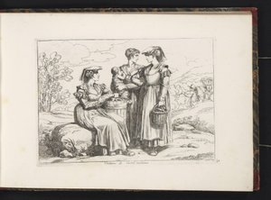 Tres mujeres y un niño de Castel Madama Costumi di Castel madama (título sobre el objeto) Estampados de vestuario con figuras de Roma y alrededores (título de la serie) Nuova raccolta di cinquanta costumi de contorni di Roma (título de la serie) de Bartolomeo Pinelli