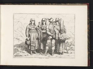 Tres mujeres y dos hombres de Sonnino Costumi di Sonnino (título sobre objeto) Estampados de vestuario con figuras de Roma y alrededores (título de la serie) Nuova raccolta di cinquanta costumi de contorni di Roma (título de la serie) de Bartolomeo Pinelli