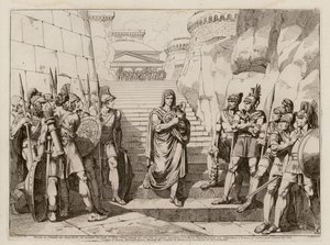 Cayo Fabio Dorsuo pasa sin ser molestado por los galos en su camino para hacer un sacrificio, 390 a.C. (grabado) de Bartolomeo Pinelli