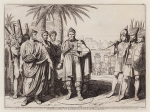 Cayo Popilio Laenas dibujando un círculo en la arena alrededor de Antíoco IV Epífanes (aguafuerte) de Bartolomeo Pinelli