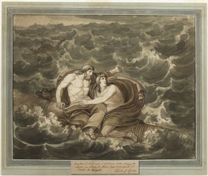 Mentor y Telémaco, después de sobrevivir a la tormenta, son llevados a la isla de Calipso en un mástil, del libro Las aventuras de Telémaco, Libro 6 de Bartolomeo Pinelli