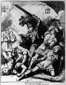 Orlando lanzando una tabla de madera contra veinte hombres armados, ilustración de Bartolomeo Pinelli (1781-1835) para el canto XIII de Orlando Furioso de Ludovico Ariosto (1474-1533)