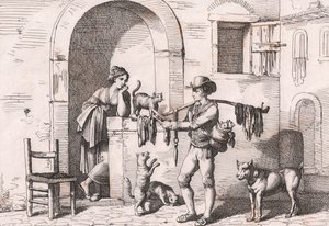 El carnacciaro, vendedor ambulante de carne de gato, grabado de Bartolomeo Pinelli