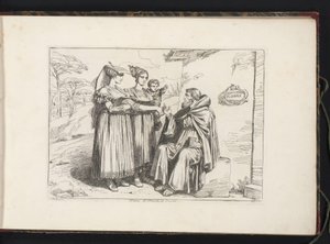 Dos mujeres de Frascati y un ermitaño Donne di Frascati, Ed. Eremita (título sobre el objeto) Estampados de vestuario con figuras de Roma y alrededores (título de la serie) Nuova raccolta di cinquanta costumi de contorni di Roma (título de la serie)
