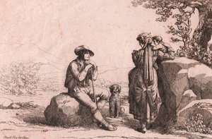 Dos plebeyos con un bebé y un perro en Fraine, Abruzzo, grabado de Bartolomeo Pinelli